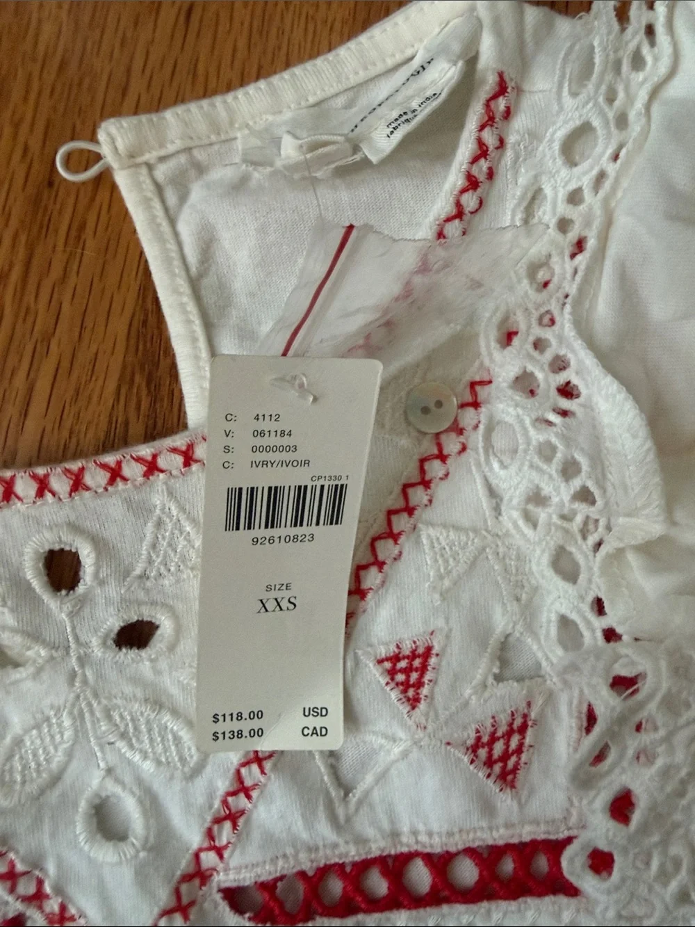 White Embroidered Puff-Sleeve Top with Red Accents by Anthropologie